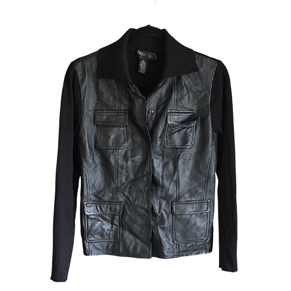 Style & Co. Black Leather Knit Sweater Jacket Womens Size Medium